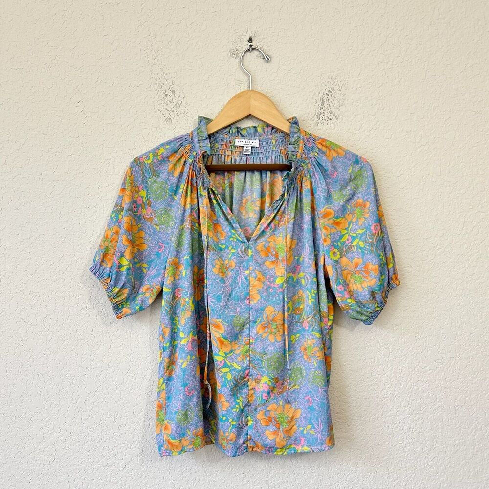 CURRENT AIR Floral Split-Neck Top Colorful Ruffled Puff Sleeve Boho